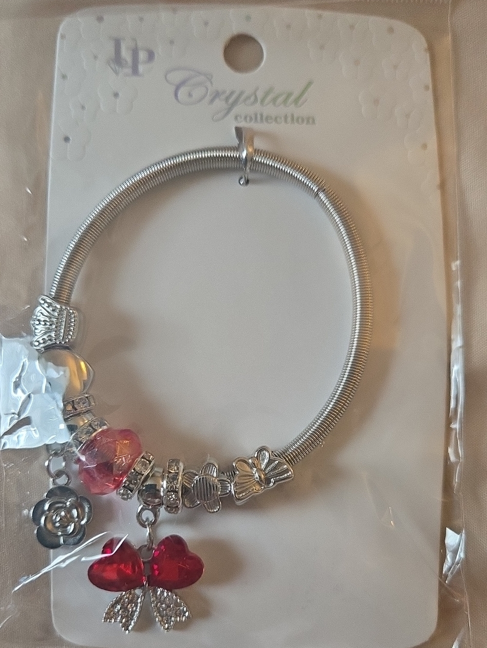 Silver Colored Charm Bracelet with Red Heart Bow Crystal Charms